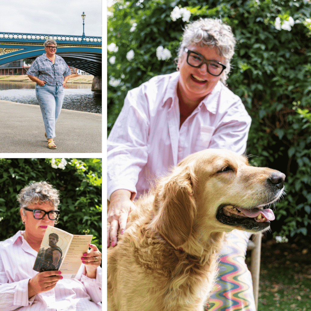 A montage of three images: Image 1 - Debbie walking along the River Trent with Trent Bridge in the background. Image 2 - Debbie reading through the Broadway Cinema listings. Image 3: Debbie fussing her dog.